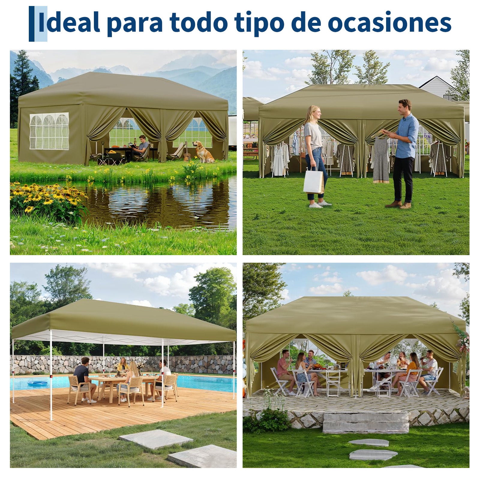 Garvee Pabellón Plegable de 3x6 m con 6 Paredes Laterales y Ventanas Catedral, Carpa Impermeable para Jardín y Exteriores, Altura Ajustable de 320 cm, Caqui