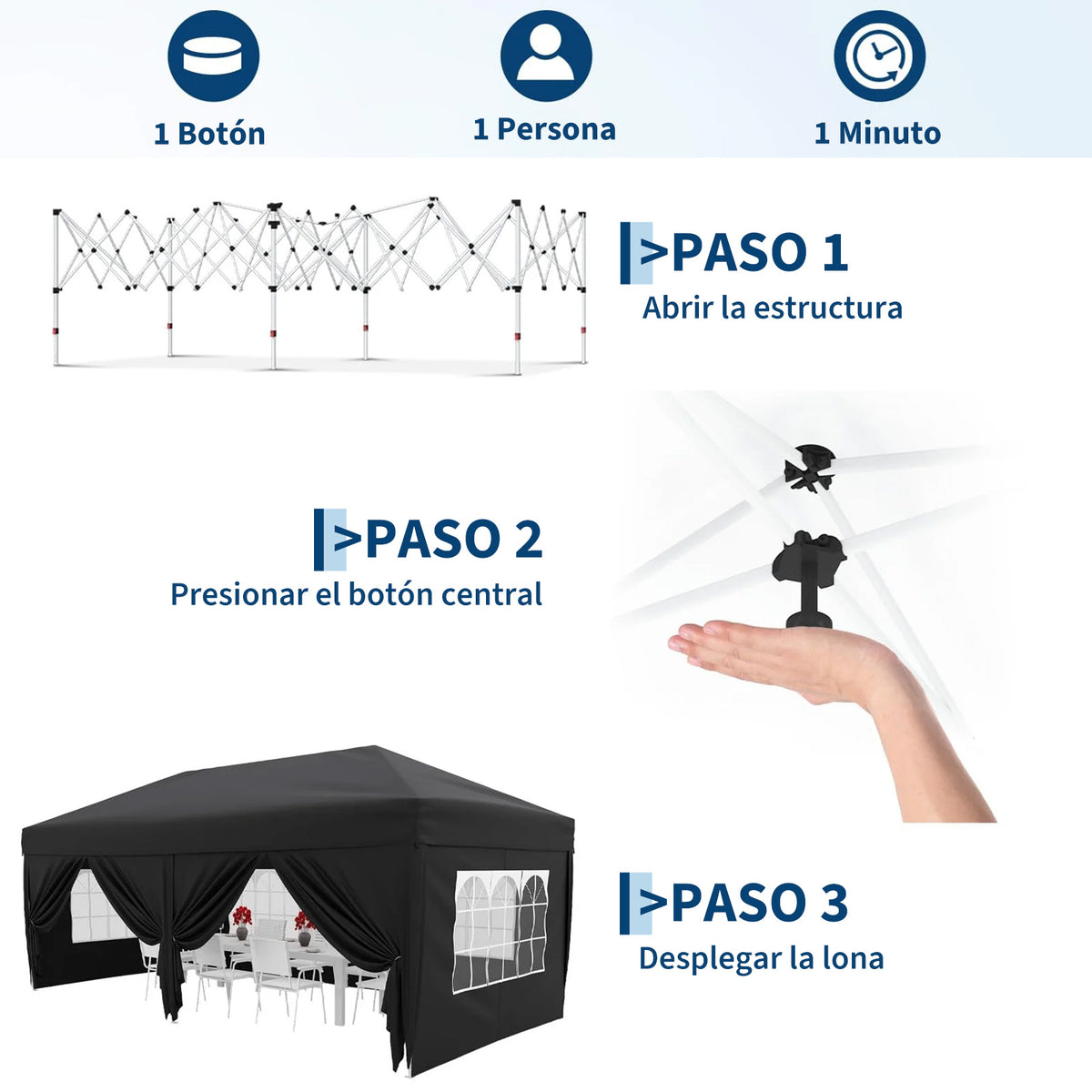 Garvee Pabellón Plegable de 3x6 m con 6 Paredes Laterales y Ventanas de Iglesia, Carpa Impermeable para Eventos y Jardín, Altura Ajustable de 3,2 m, Negro