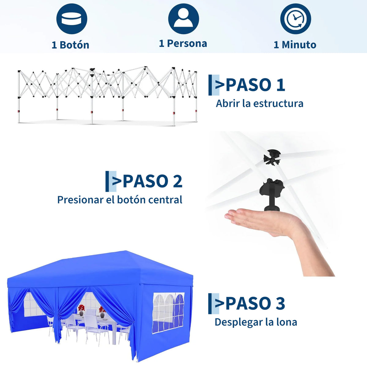 Garvee Pabellón Plegable de 3x6 m con 6 Paredes Laterales y Ventanas Catedral, Carpa Impermeable para Eventos y Jardín, Altura Ajustable de 320 cm, Azul