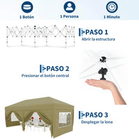 Garvee Pabellón Plegable de 3x6 m con 6 Paredes Laterales y Ventanas Catedral, Carpa Impermeable para Jardín y Exteriores, Altura Ajustable de 320 cm, Caqui