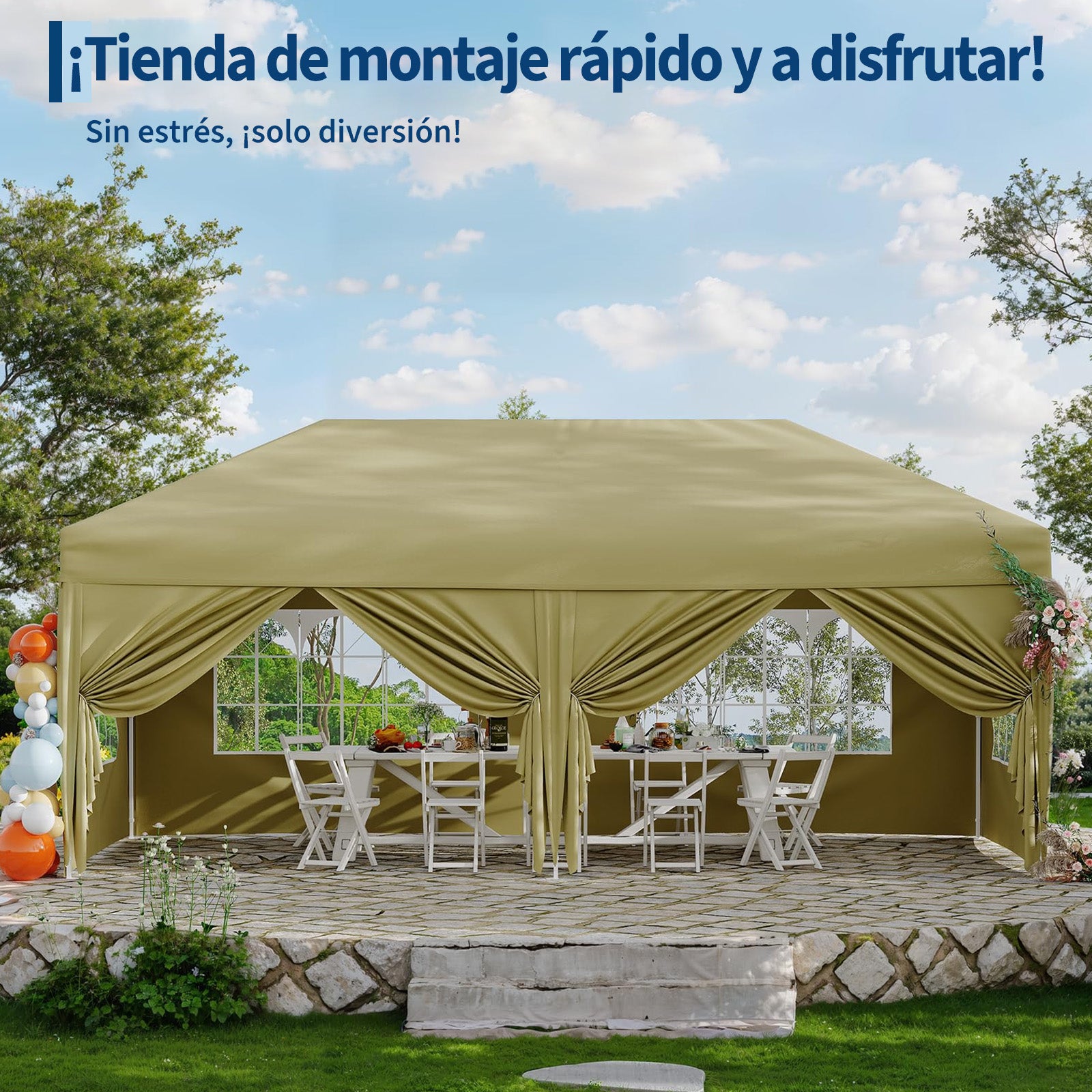 Garvee Pabellón Plegable de 3x6 m con 6 Paredes Laterales y Ventanas Catedral, Carpa Impermeable para Jardín y Exteriores, Altura Ajustable de 320 cm, Caqui