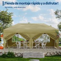 Garvee Pabellón Plegable de 3x6 m con 6 Paredes Laterales y Ventanas Catedral, Carpa Impermeable para Jardín y Exteriores, Altura Ajustable de 320 cm, Caqui