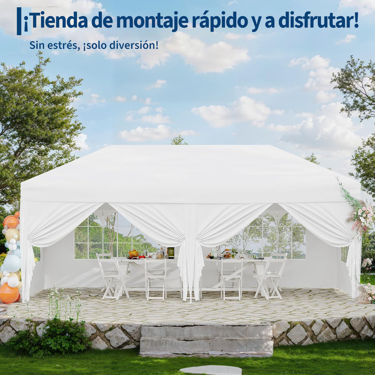 Garvee Pabellón Plegable de 3x6 m con 6 Paredes Laterales y Ventanas Catedral, Carpa Impermeable para Eventos y Jardín, Altura Ajustable de 3,2 m, Blanco
