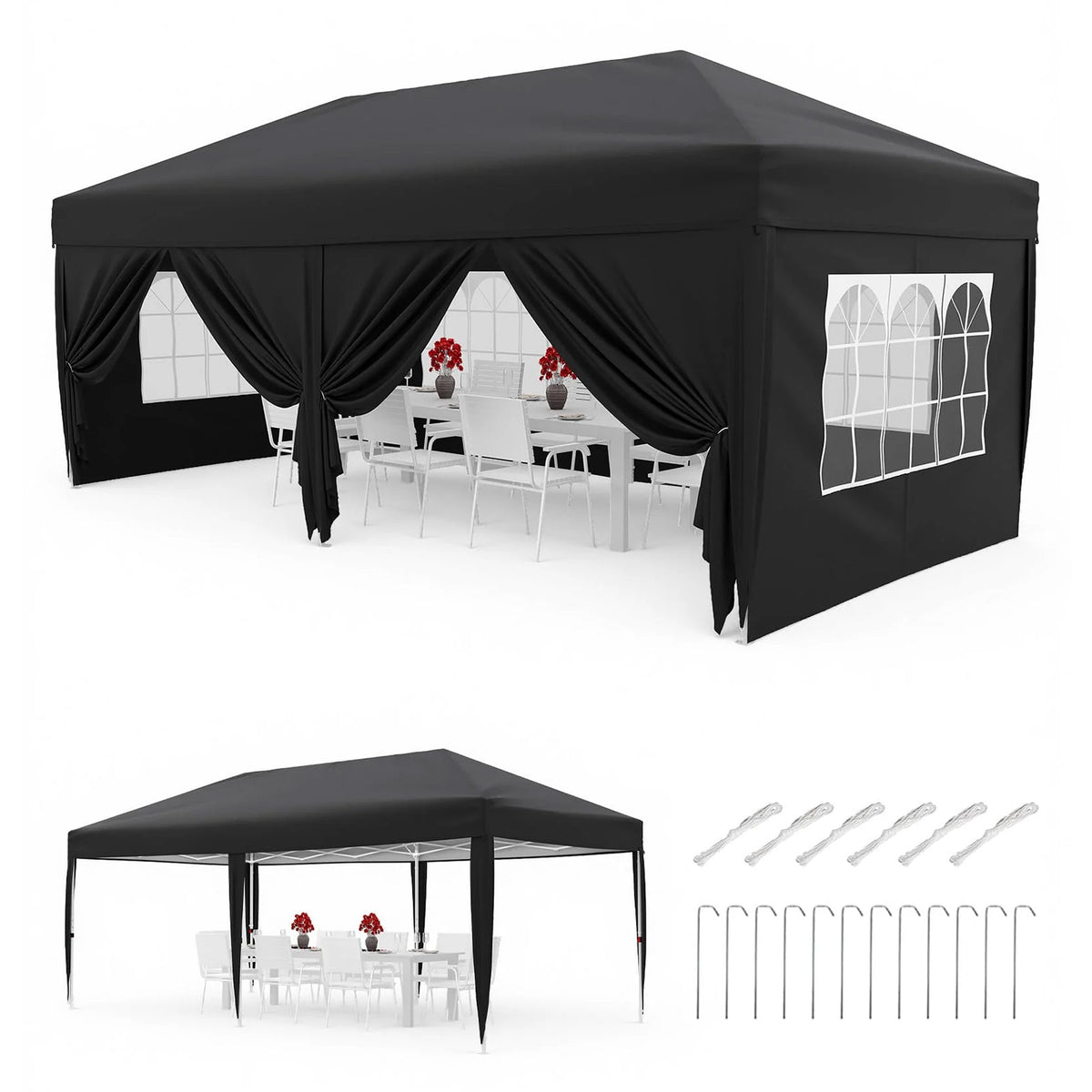 Garvee Pabellón Plegable de 3x6 m con 6 Paredes Laterales y Ventanas de Iglesia, Carpa Impermeable para Eventos y Jardín, Altura Ajustable de 3,2 m, Negro