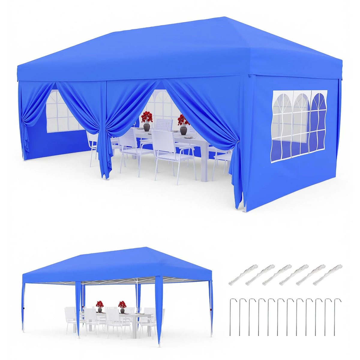 Garvee Pabellón Plegable de 3x6 m con 6 Paredes Laterales y Ventanas Catedral, Carpa Impermeable para Eventos y Jardín, Altura Ajustable de 320 cm, Azul