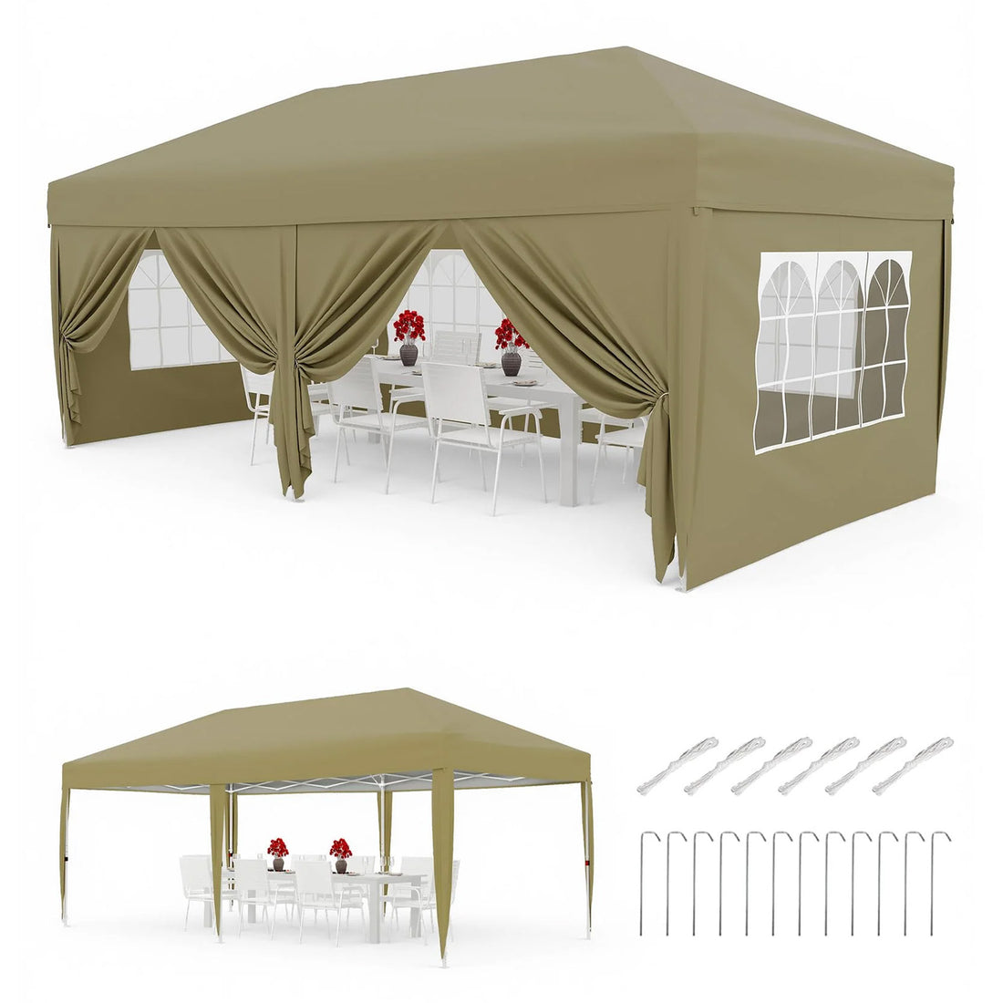 Garvee Pabellón Plegable de 3x6 m con 6 Paredes Laterales y Ventanas Catedral, Carpa Impermeable para Jardín y Exteriores, Altura Ajustable de 320 cm, Caqui