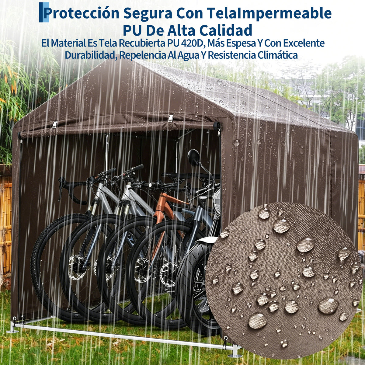 Garvee Cobertizo de Almacenamiento Exterior para 3 Bicicletas Tela Oxford 420D Impermeable Estructura de Acero Marrón Oscuro