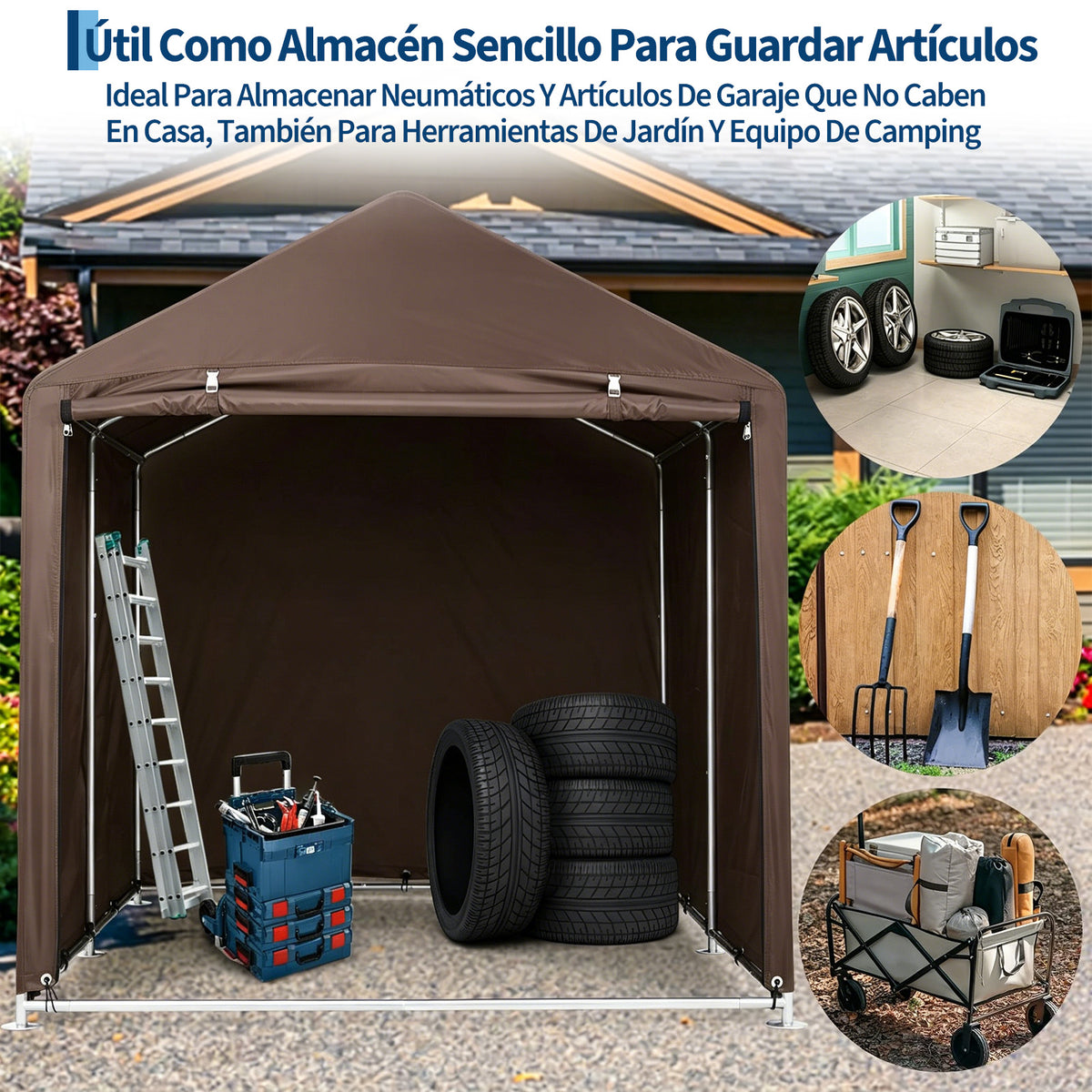 Garvee Cobertizo de Almacenamiento Exterior para 3 Bicicletas Tela Oxford 420D Impermeable Estructura de Acero Marrón Oscuro