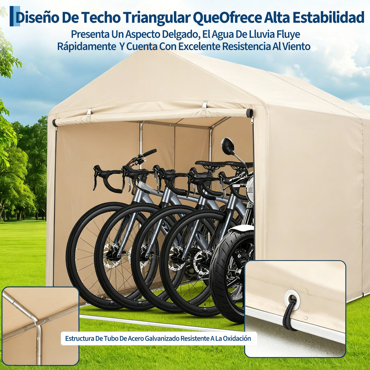 Garvee Cobertizo de Almacenamiento Exterior para 3 Bicicletas Tela Oxford 420D Impermeable Estructura de Acero Caqui Claro