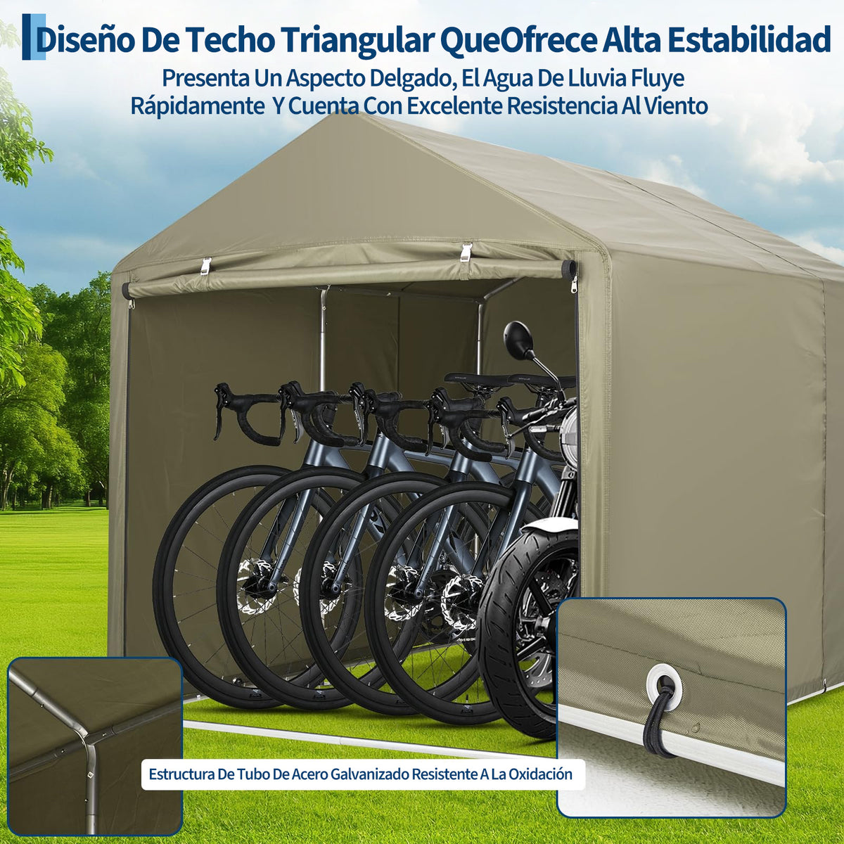 Garvee Cobertizo de Almacenamiento Exterior para 3 Bicicletas, Tela Oxford 420D Impermeable con Revestimiento PU y Estructura de Acero, 160 x 218 x 173 cm, Verde Militar