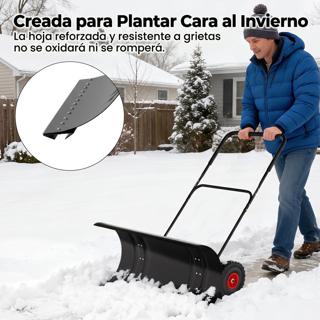 Garvee Empujador de Nieve con Ruedas 74 cm, Quitanieves Manual de Acero Resistente, Mango Ajustable y Borde Protector, para Entradas de Coches y Garajes