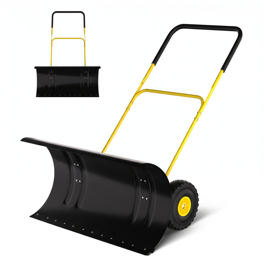 Garvee Pala para Nieve de 91 cm de Ancho con Ruedas de Goma, Hoja de Acero Resistente al Óxido, Mango Ajustable en Altura e Inclinación, Base Plástica Protectora, Amarillo y Negro