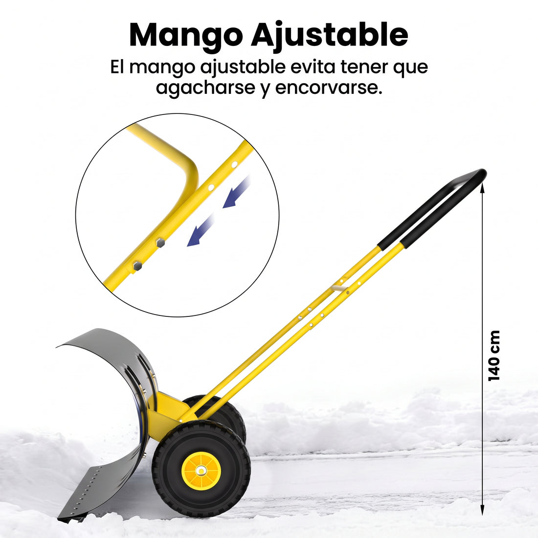 Garvee Pala para Nieve de 91 cm de Ancho con Ruedas de Goma, Hoja de Acero Resistente al Óxido, Mango Ajustable en Altura e Inclinación, Base Plástica Protectora, Amarillo y Negro
