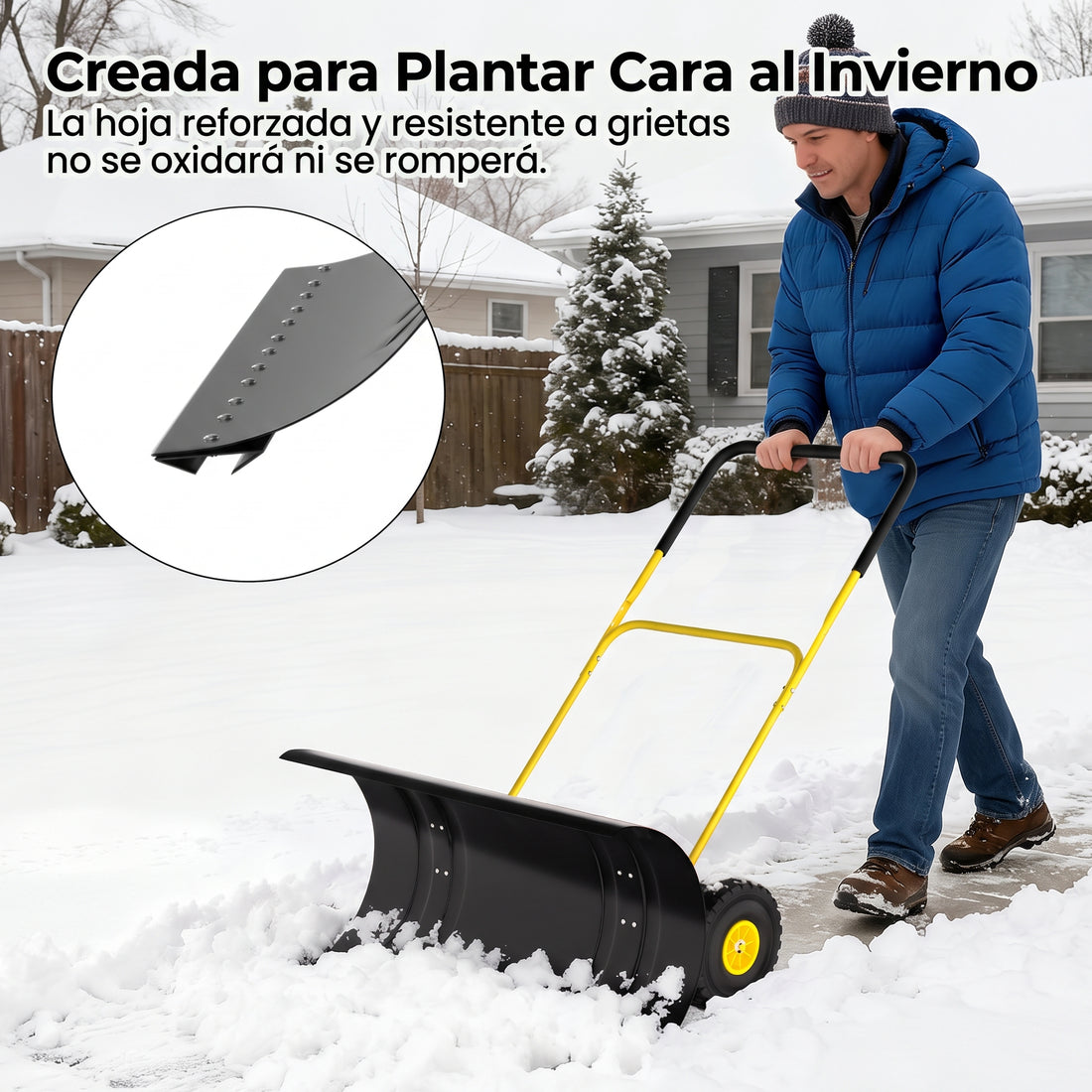 Garvee Pala Quitanieves con Ruedas de 74 cm Hoja de Acero al Carbono Doble Mango Ajustable e Inclinación de 60° para Entradas Aceras y Garaje Amarillo y Negro