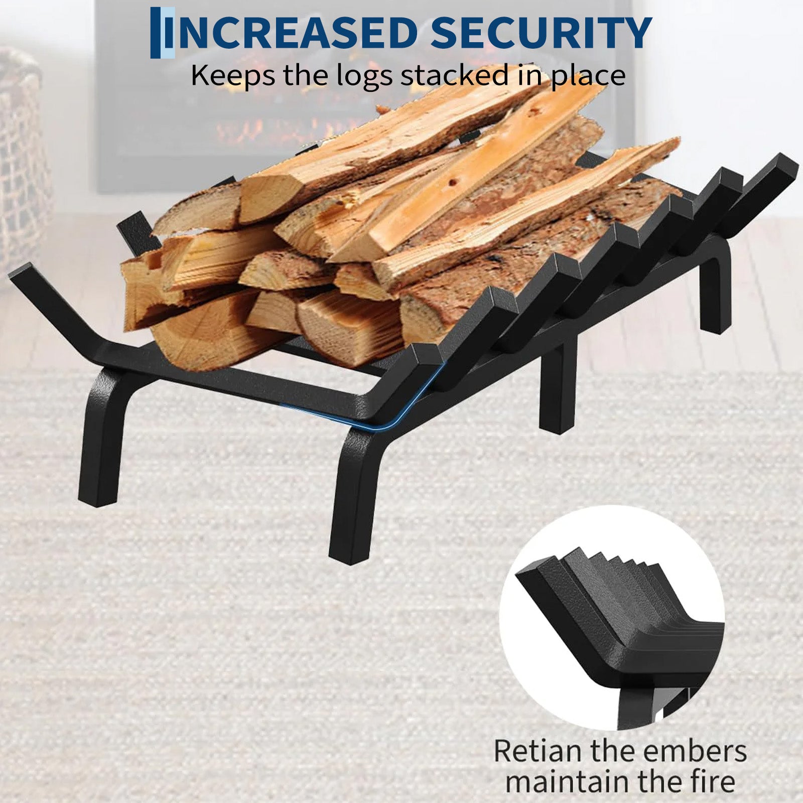 Garvee Rejilla para Chimenea de 61 cm de Acero Sólido con 6 Patas y 7 Barras, Soporte Resistente al Calor para Leña en Interior y Exterior, Negro