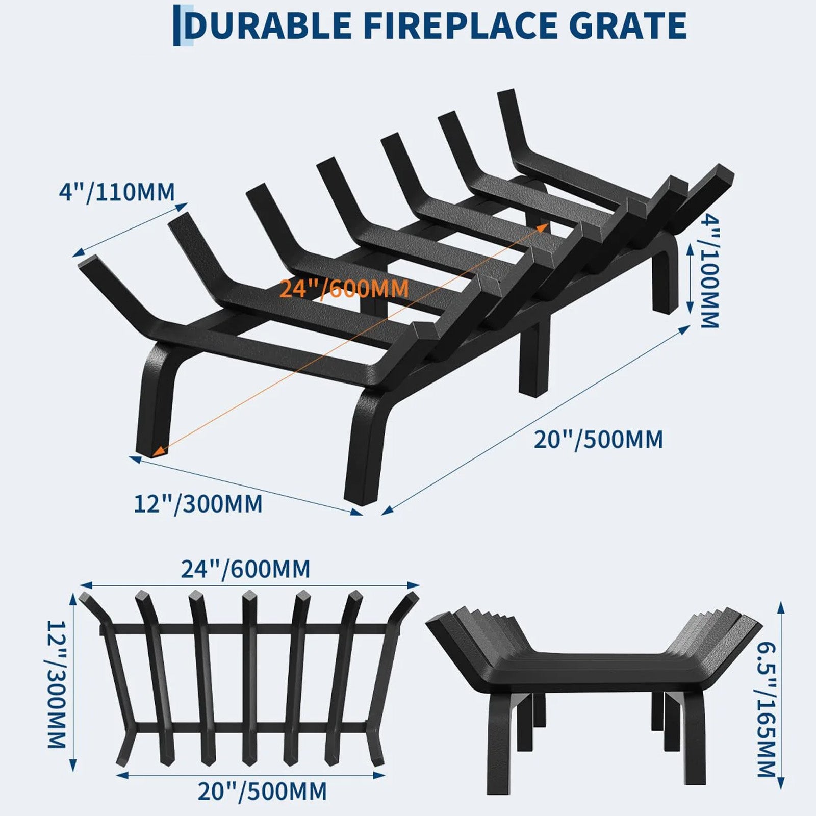 Garvee Rejilla para Chimenea de 61 cm de Acero Sólido con 6 Patas y 7 Barras, Soporte Resistente al Calor para Leña en Interior y Exterior, Negro