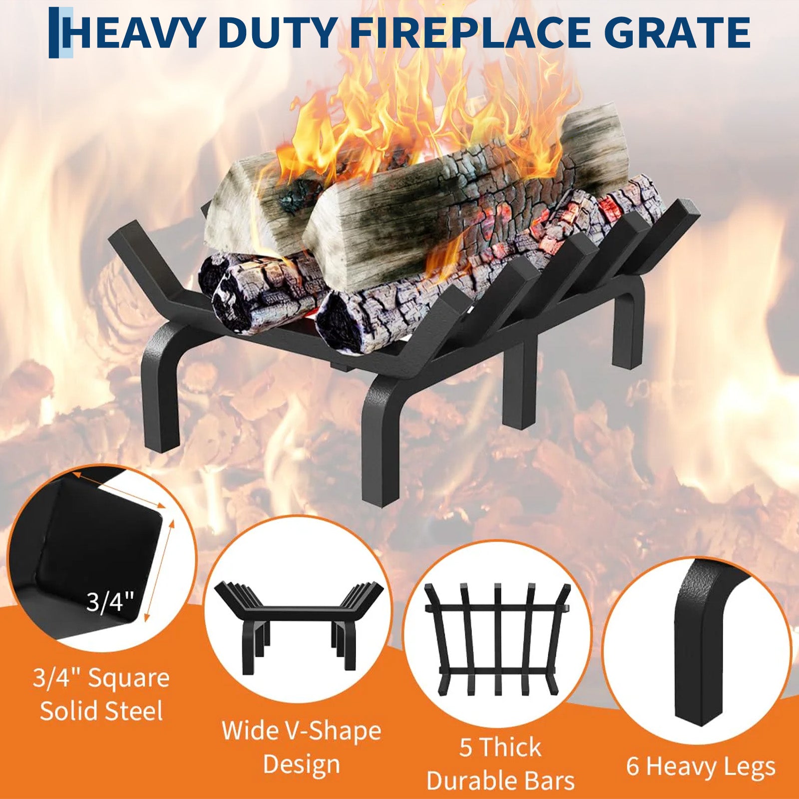 Garvee Rejilla para Chimenea de 43 cm de Acero Sólido con 6 Patas y 5 Barras, Soporte Resistente al Calor para Leña en Interior y Exterior, Negro