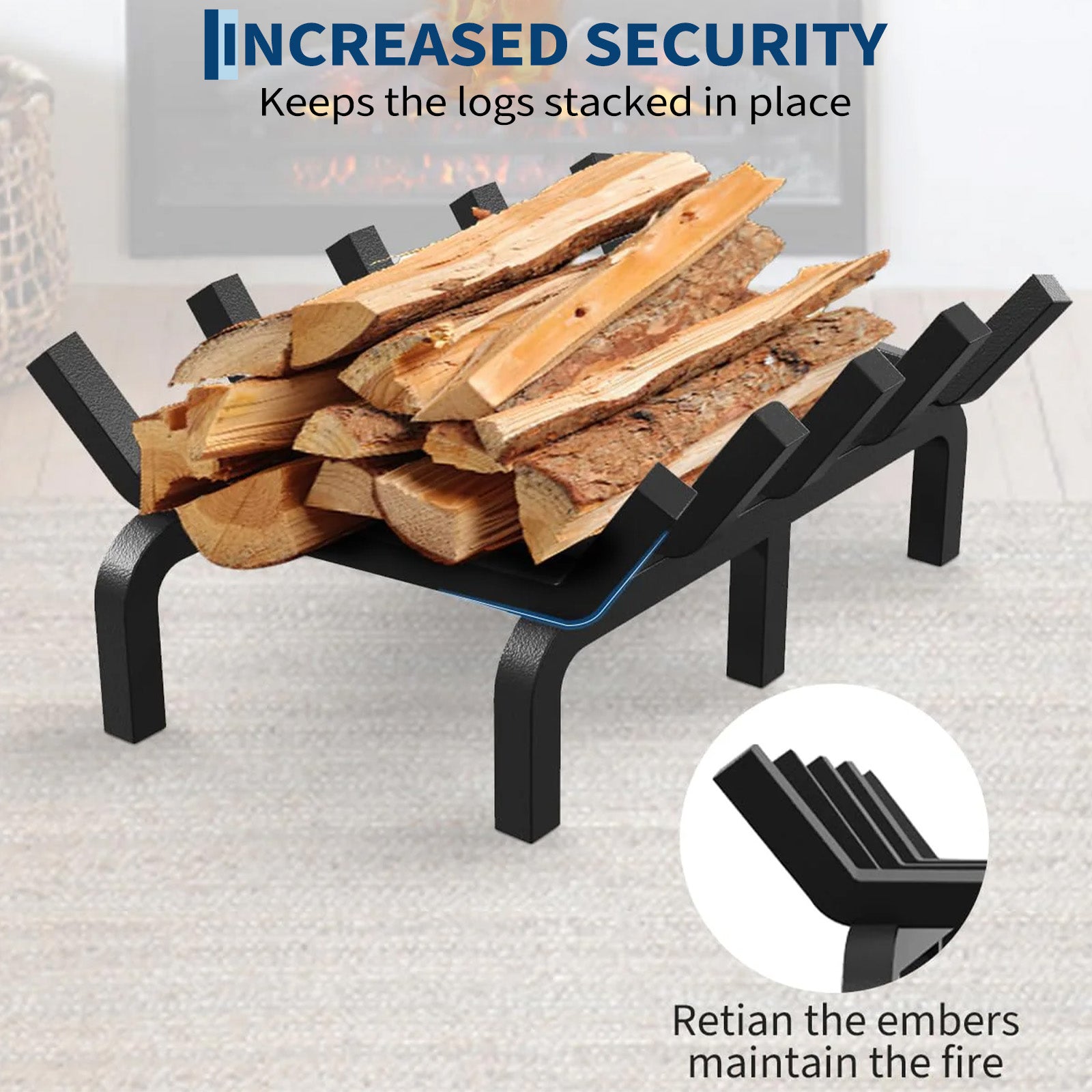Garvee Rejilla para Chimenea de 43 cm de Acero Sólido con 6 Patas y 5 Barras, Soporte Resistente al Calor para Leña en Interior y Exterior, Negro