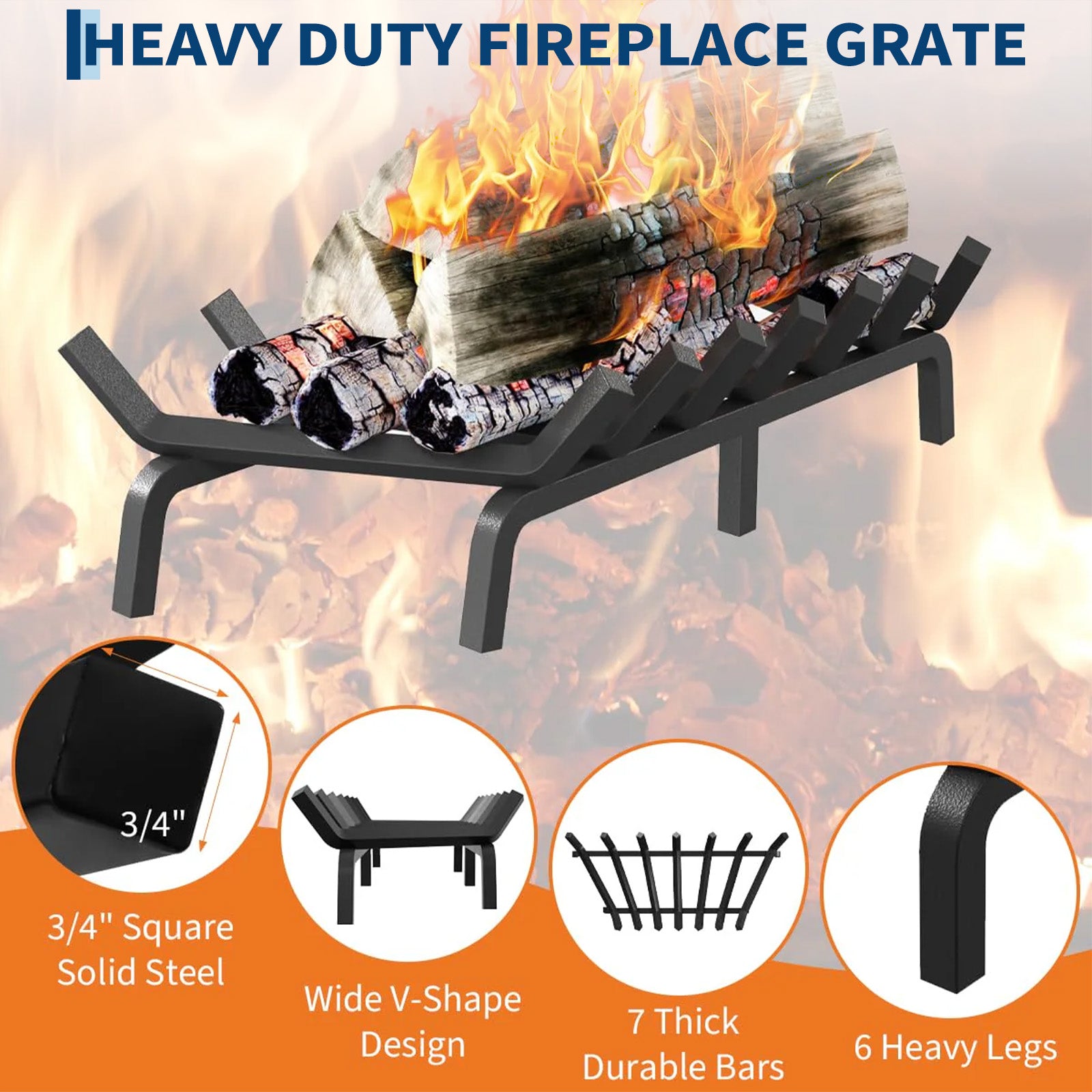 Garvee Rejilla para Chimenea de 76 cm de Acero Sólido con 6 Patas y 7 Barras, Soporte Resistente al Calor para Leña en Interior y Exterior, Negro