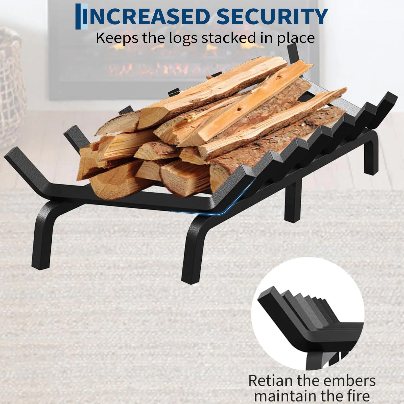 Garvee Rejilla para Chimenea de 76 cm de Acero Sólido con 6 Patas y 7 Barras, Soporte Resistente al Calor para Leña en Interior y Exterior, Negro