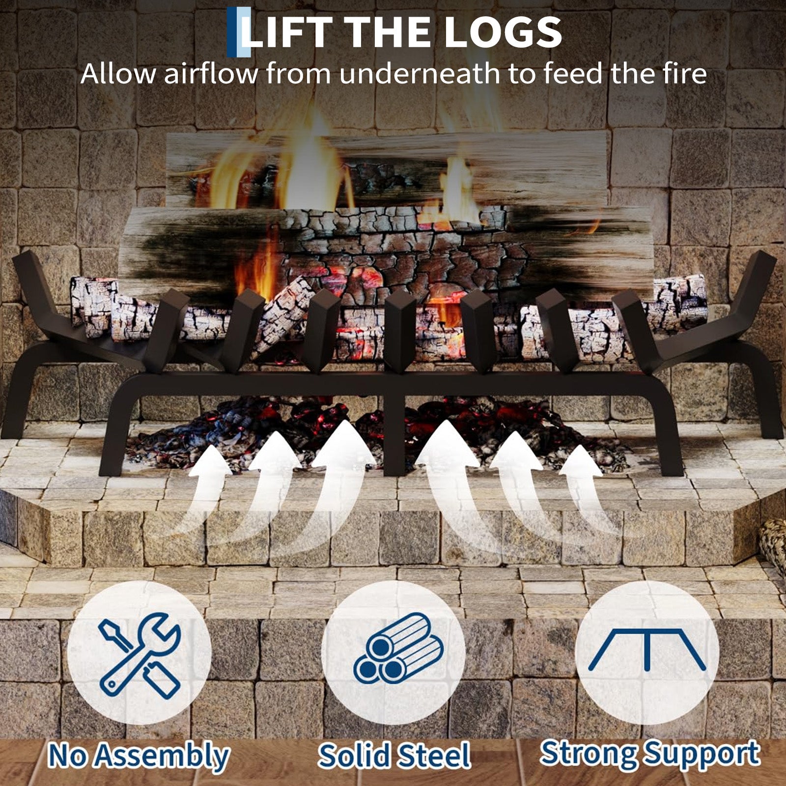 Garvee Rejilla para Chimenea de 76 cm de Acero Sólido con 6 Patas y 7 Barras, Soporte Resistente al Calor para Leña en Interior y Exterior, Negro