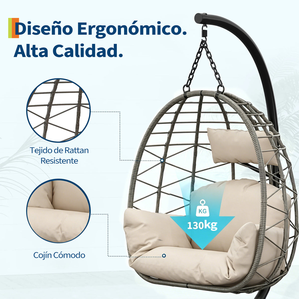 Garvee Sillón Colgante de Ratán con Estructura de Acero Capacidad 150 kg Silla Columpio con Funda Impermeable y Cojines Ergonómicos para Jardín Terraza e Interior