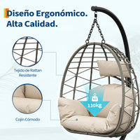 Garvee Sillón Colgante de Ratán con Estructura de Acero Capacidad 150 kg Silla Columpio con Funda Impermeable y Cojines Ergonómicos para Jardín Terraza e Interior