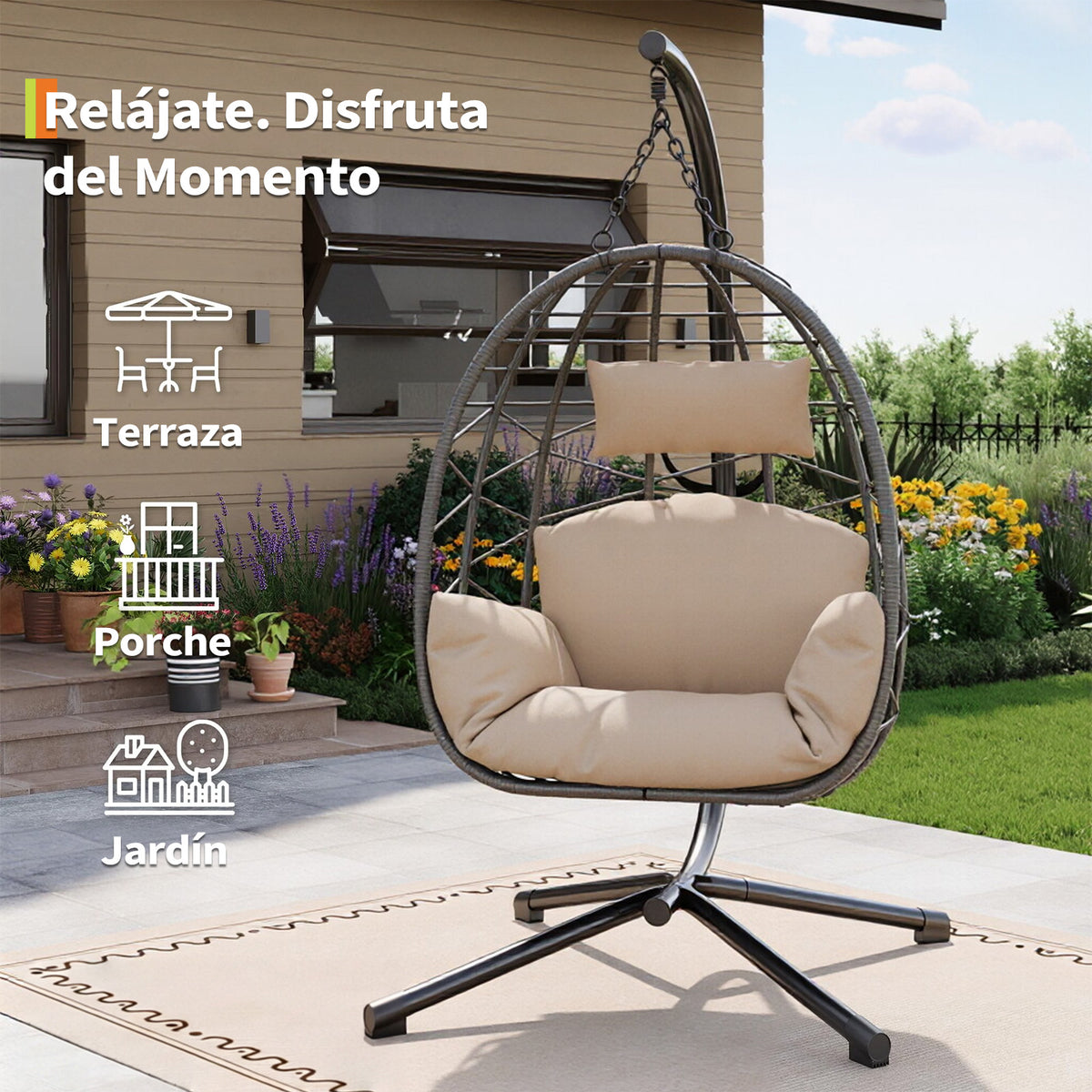 Garvee Sillón Colgante de Ratán con Estructura de Acero Capacidad 150 kg Silla Columpio con Funda Impermeable y Cojines Ergonómicos para Jardín Terraza e Interior