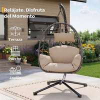 Garvee Sillón Colgante de Ratán con Estructura de Acero Capacidad 150 kg Silla Columpio con Funda Impermeable y Cojines Ergonómicos para Jardín Terraza e Interior