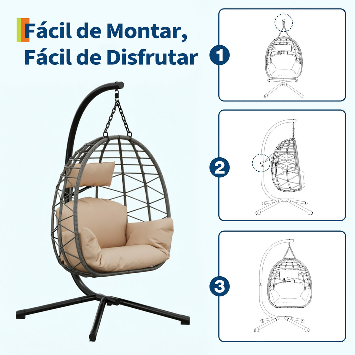Garvee Sillón Colgante de Ratán con Estructura de Acero Capacidad 150 kg Silla Columpio con Funda Impermeable y Cojines Ergonómicos para Jardín Terraza e Interior
