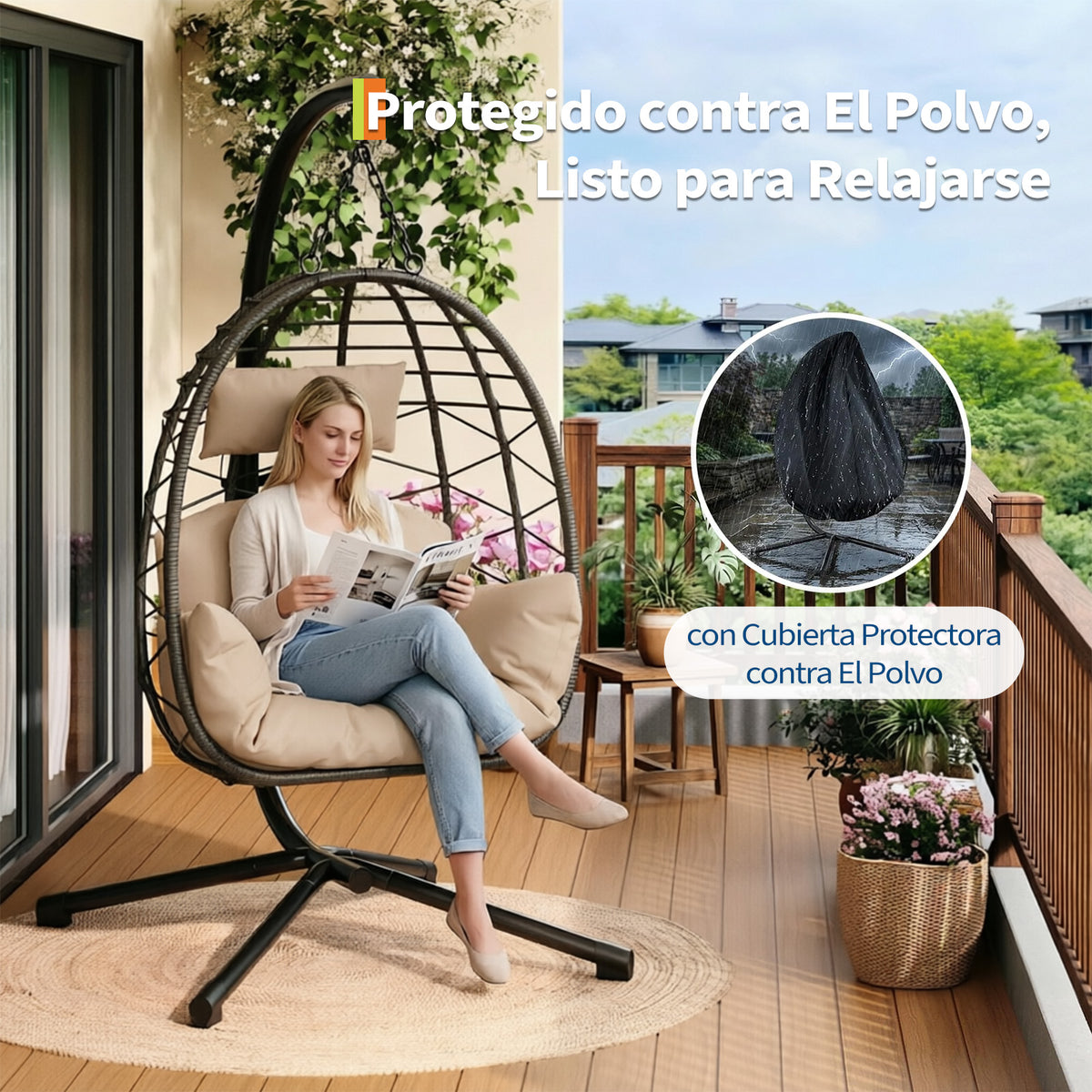Garvee Sillón Colgante de Ratán con Estructura de Acero Capacidad 150 kg Silla Columpio con Funda Impermeable y Cojines Ergonómicos para Jardín Terraza e Interior