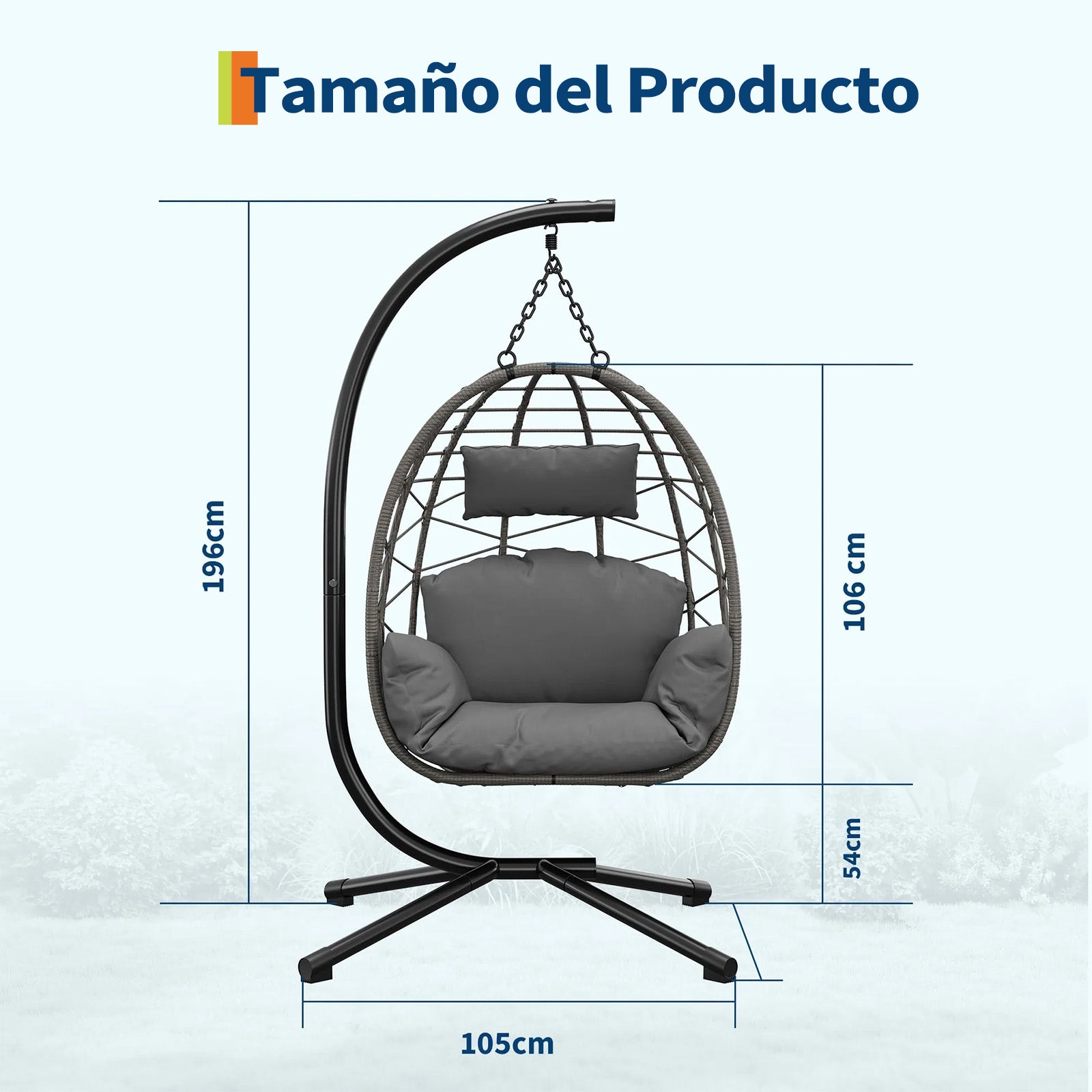 Garvee Silla Colgante de Ratán con Estructura Metálica, Resistente Hasta 150kg, Incluye Funda Protectora, Cojines Ergonómicos, Resistente Al Clima, para Jardín y Terraza