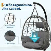 Garvee Silla Colgante de Ratán con Estructura Metálica, Resistente Hasta 150kg, Incluye Funda Protectora, Cojines Ergonómicos, Resistente Al Clima, para Jardín y Terraza