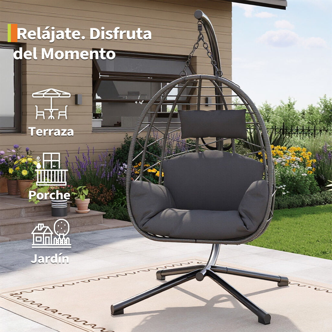Garvee Silla Colgante de Ratán con Estructura Metálica, Resistente Hasta 150kg, Incluye Funda Protectora, Cojines Ergonómicos, Resistente Al Clima, para Jardín y Terraza