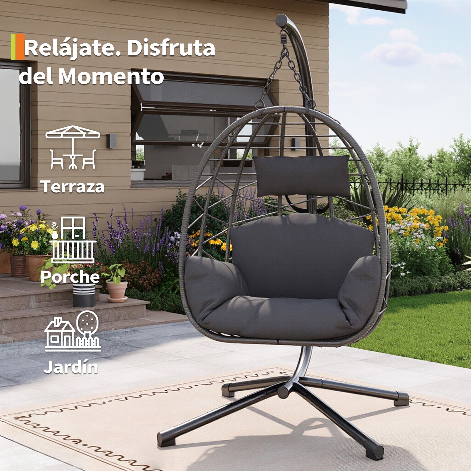 Garvee Silla Colgante de Ratán con Estructura Metálica, Resistente Hasta 150kg, Incluye Funda Protectora, Cojines Ergonómicos, Resistente Al Clima, para Jardín y Terraza