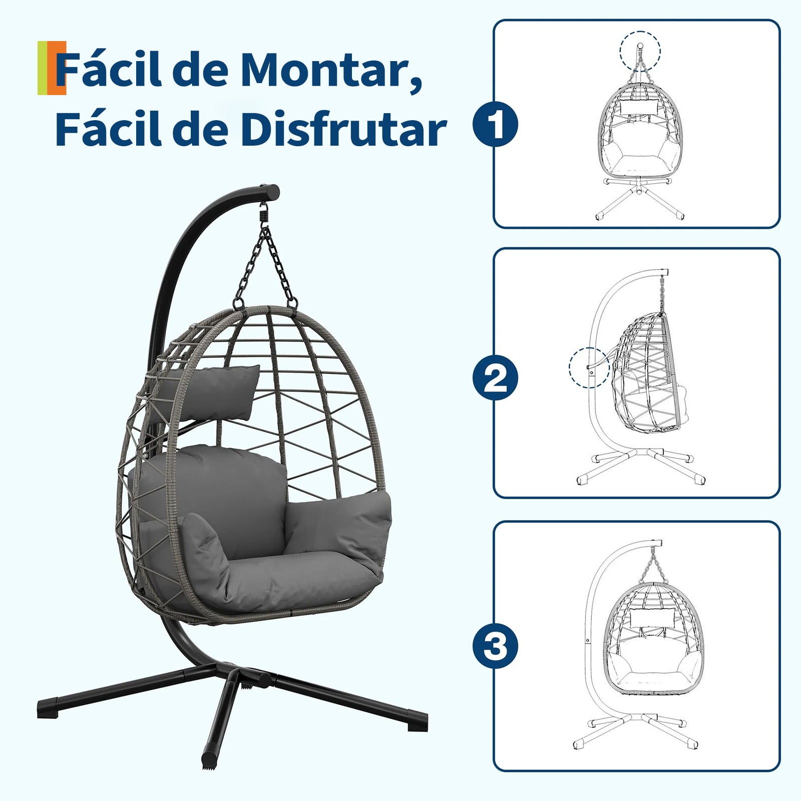 Garvee Silla Colgante de Ratán con Estructura Metálica, Resistente Hasta 150kg, Incluye Funda Protectora, Cojines Ergonómicos, Resistente Al Clima, para Jardín y Terraza