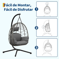 Garvee Silla Colgante de Ratán con Estructura Metálica, Resistente Hasta 150kg, Incluye Funda Protectora, Cojines Ergonómicos, Resistente Al Clima, para Jardín y Terraza