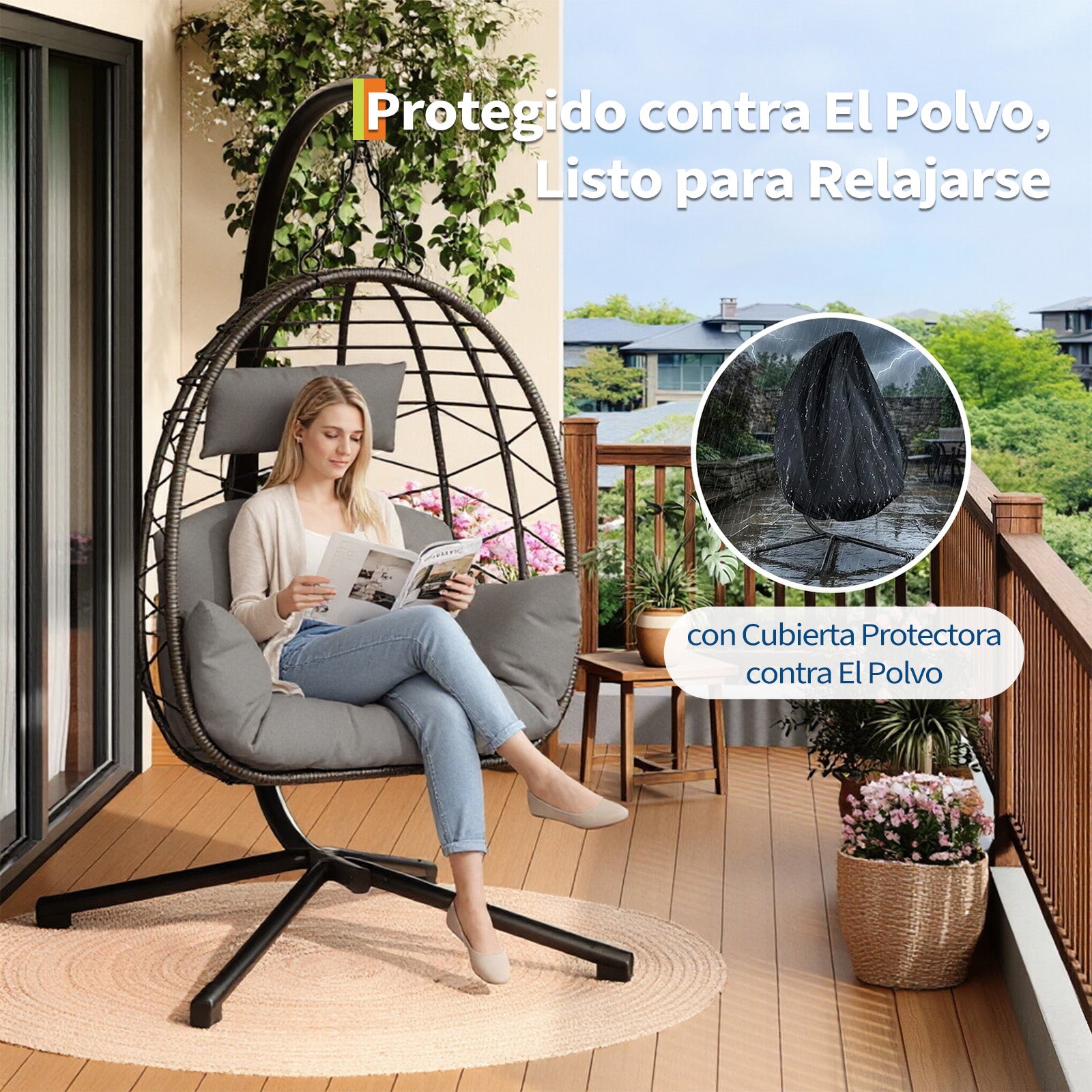 Garvee Silla Colgante de Ratán con Estructura Metálica, Resistente Hasta 150kg, Incluye Funda Protectora, Cojines Ergonómicos, Resistente Al Clima, para Jardín y Terraza