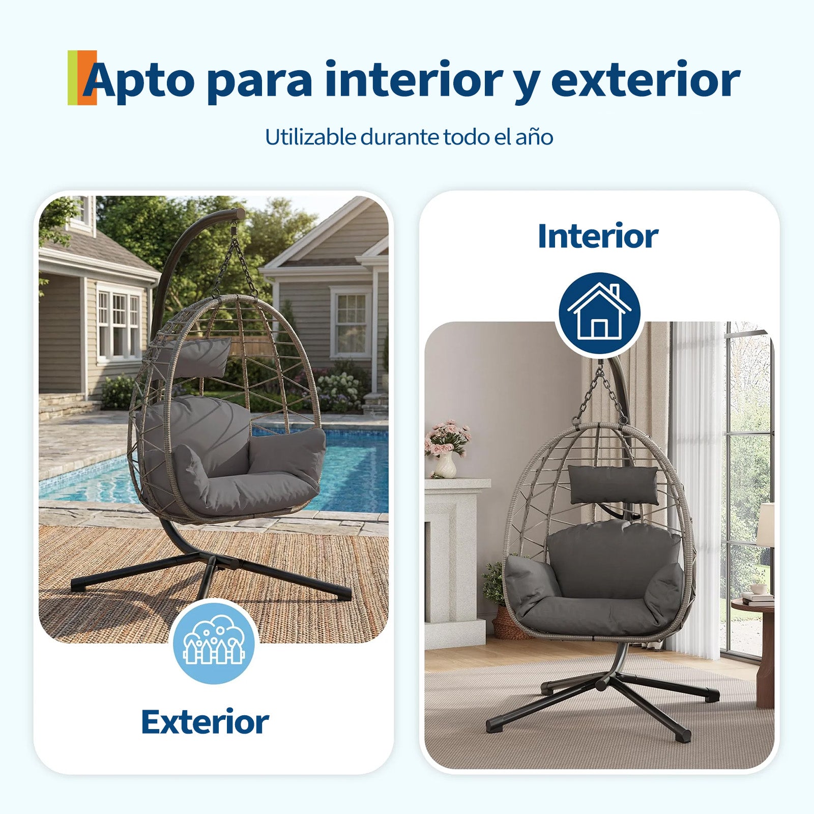 Garvee Silla Colgante de Ratán con Estructura Metálica, Resistente Hasta 150kg, Incluye Funda Protectora, Cojines Ergonómicos, Resistente Al Clima, para Jardín y Terraza