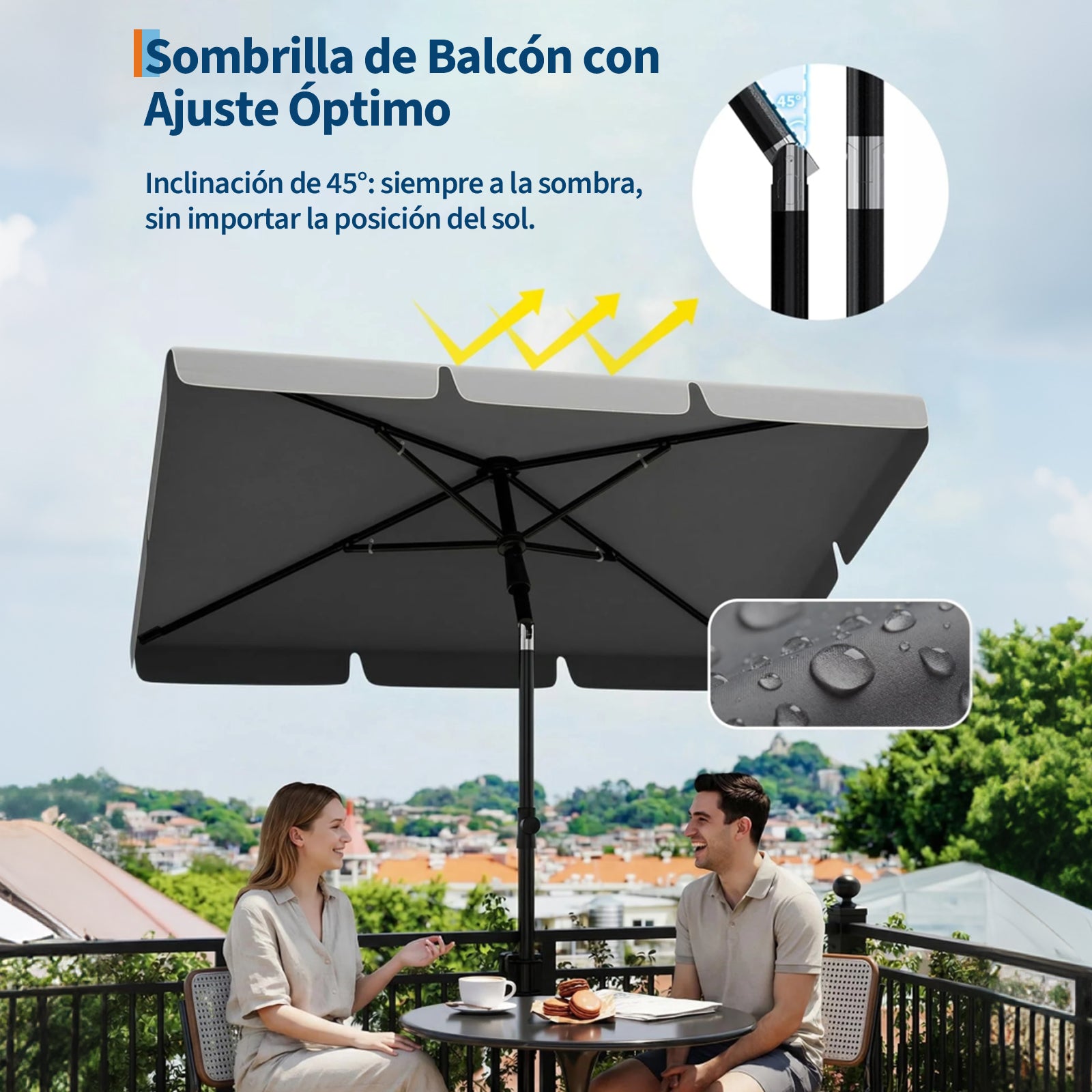 Garvee Sombrilla Rectangular para Balcón 200x125 cm con Protección UV 50+ Altura Ajustable e Inclinación de 45° Color Gris Antracita
