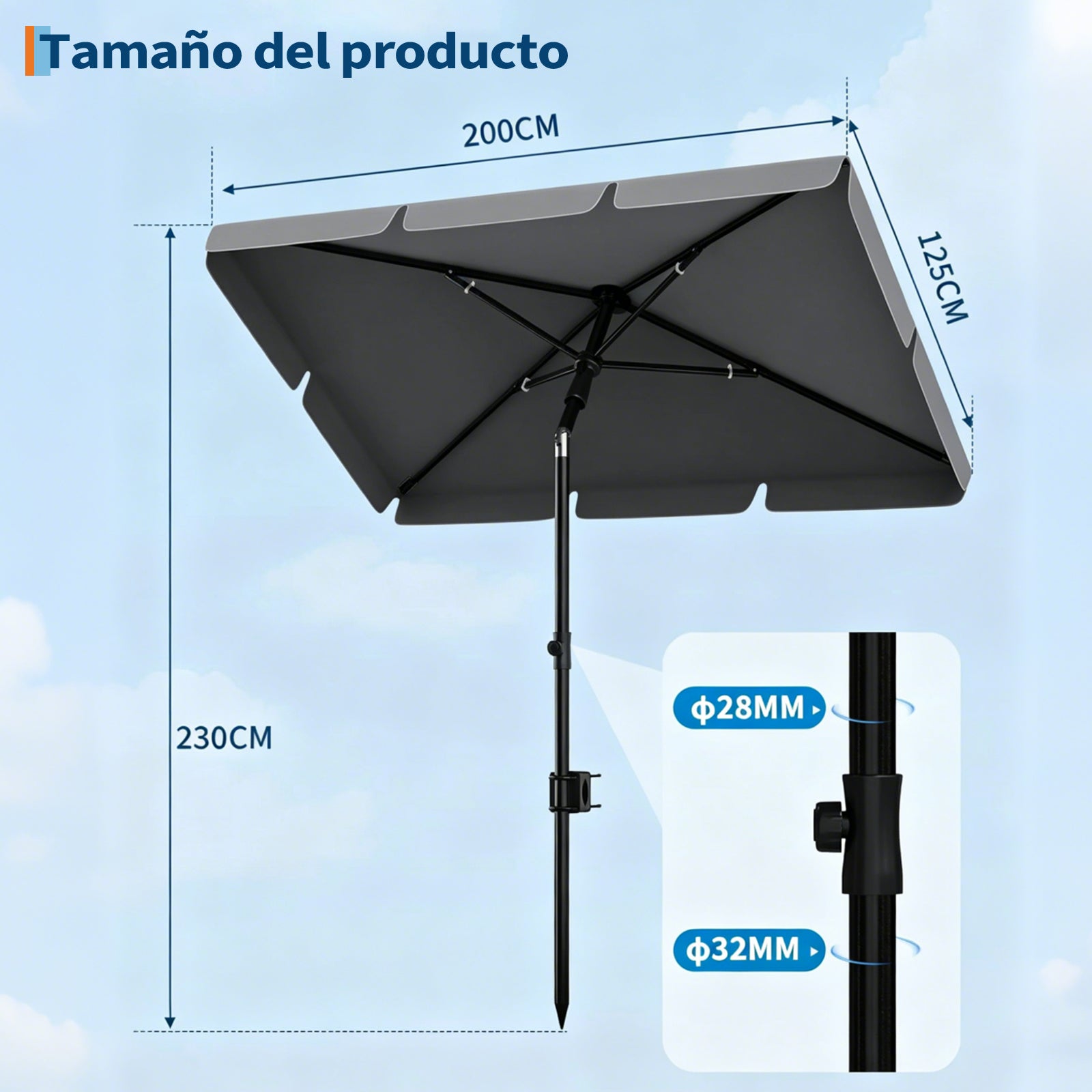 Garvee Sombrilla Rectangular para Balcón 200x125 cm con Protección UV 50+ Altura Ajustable e Inclinación de 45° Color Gris Antracita