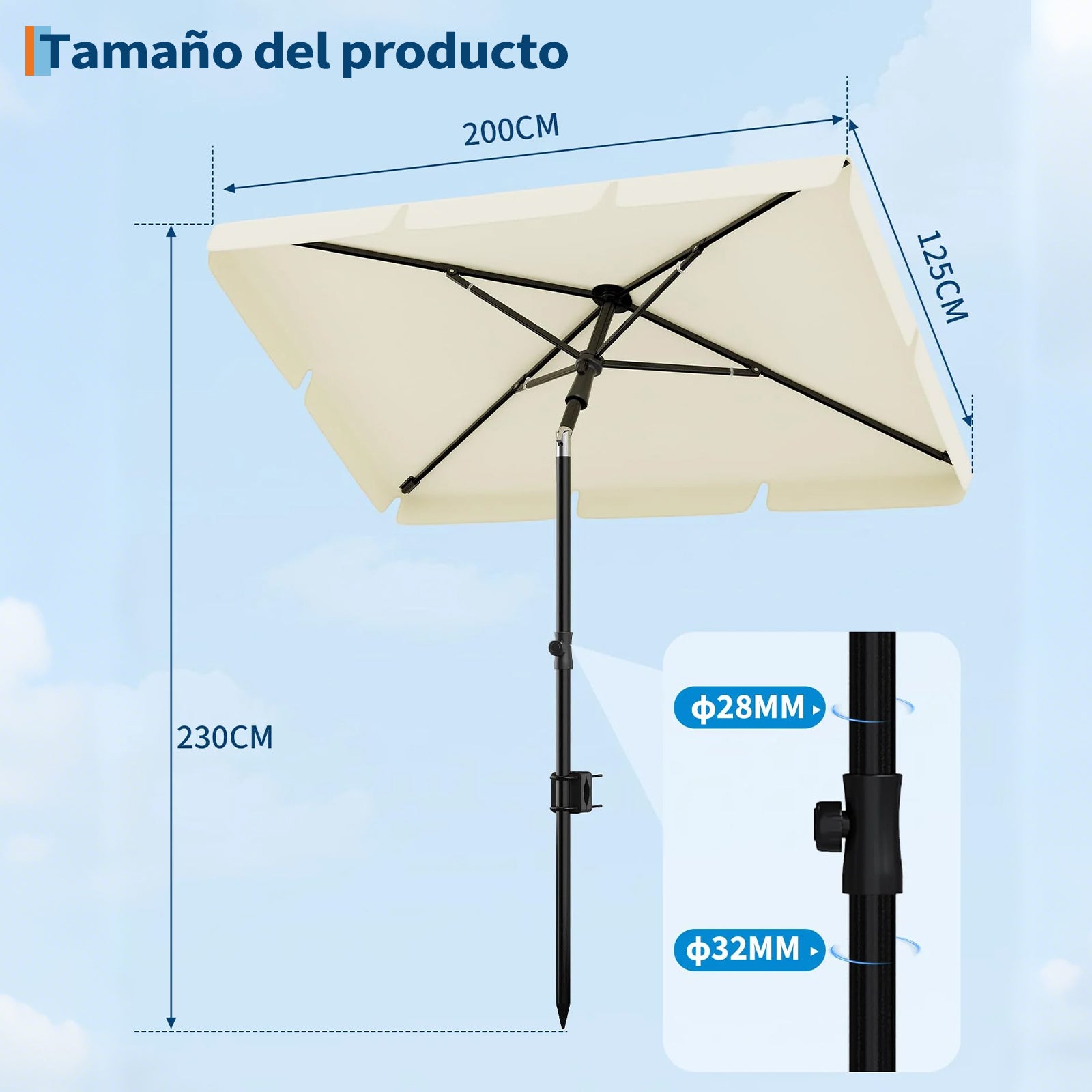 Garvee Sombrilla Rectangular para Balcón 200x125 cm con Protección UV 50+ Altura Ajustable e Inclinación de 45° Color Blanco Crema
