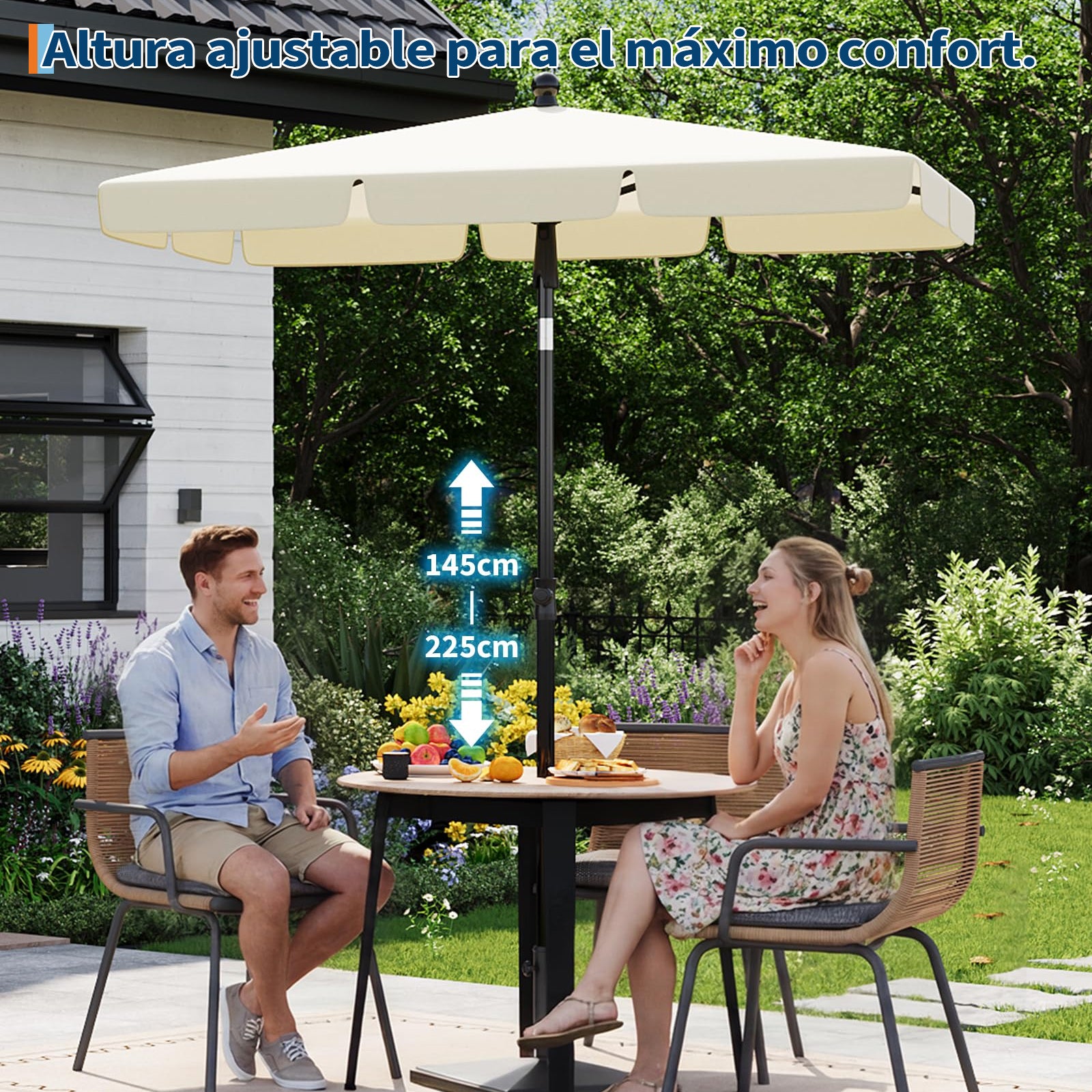 Garvee Sombrilla Rectangular para Balcón 200x125 cm con Protección UV 50+ Altura Ajustable e Inclinación de 45° Color Blanco Crema
