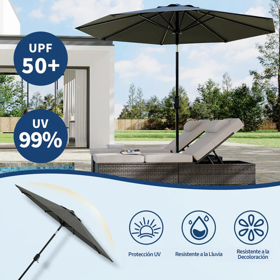 Garvee Sombrilla de Jardín de 270 cm con Manivela e Inclinación Parasol de Terraza con Protección UV50+