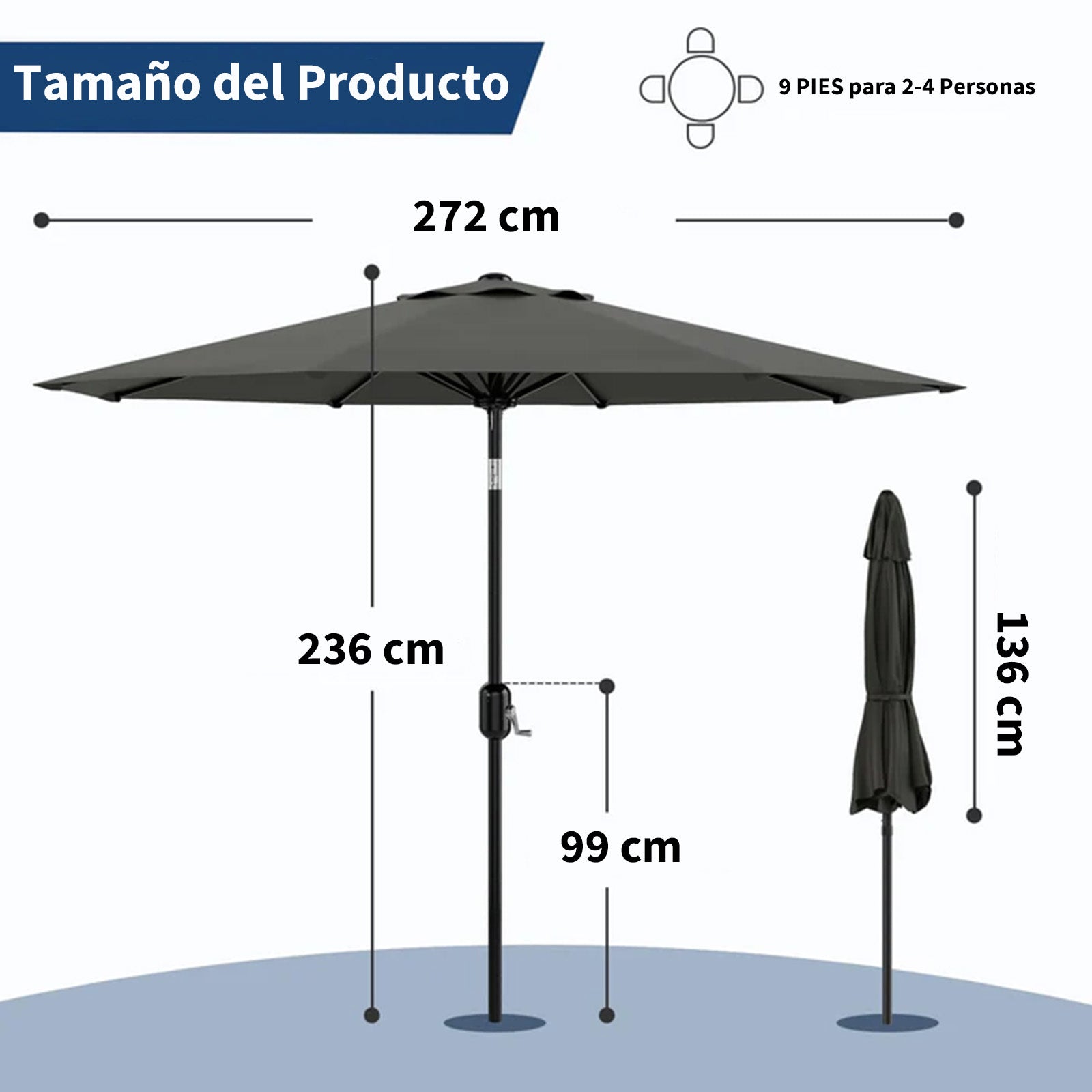Garvee Sombrilla de Jardín de 270 cm con Manivela e Inclinación Parasol de Terraza con Protección UV50+