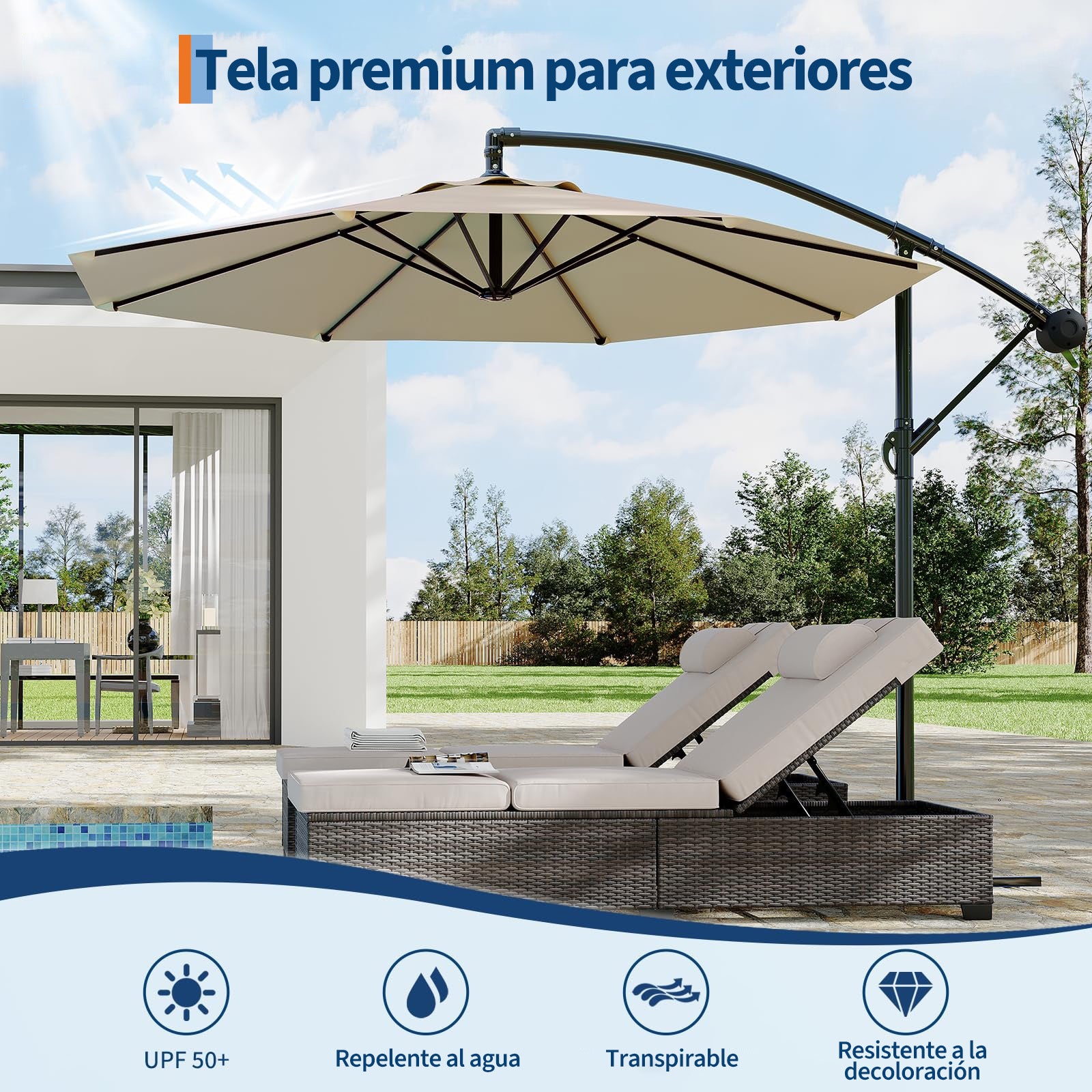 Garvee Sombrilla Excéntrica de 300 cm con Manivela e Inclinación Ajustable, Parasol Giratorio 360° para Jardín y Terraza UV50+ Caqui