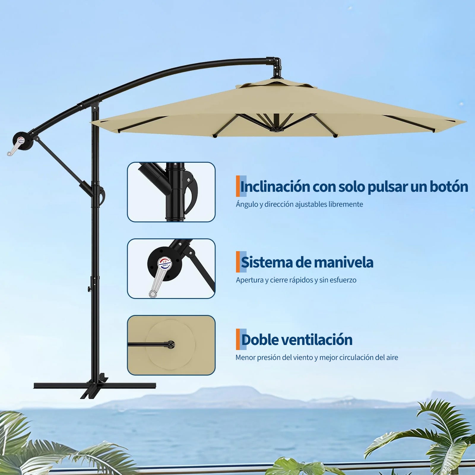 Garvee Sombrilla Excéntrica de 300 cm con Manivela e Inclinación Ajustable, Parasol Giratorio 360° para Jardín y Terraza UV50+ Caqui