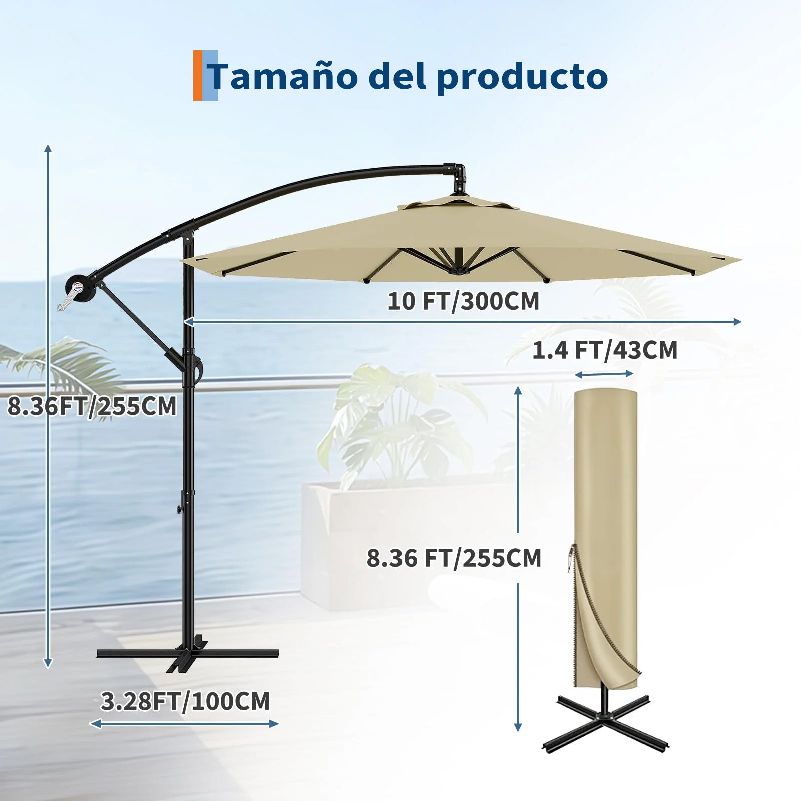 Garvee Sombrilla Excéntrica de 300 cm con Manivela e Inclinación Ajustable, Parasol Giratorio 360° para Jardín y Terraza UV50+ Caqui
