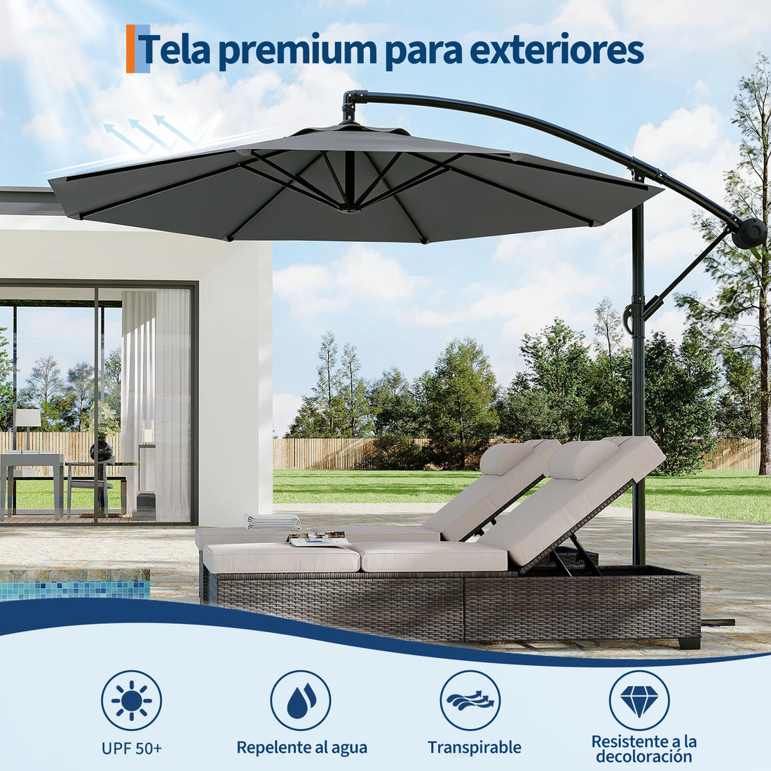 Garvee Sombrilla Excéntrica de 300 cm con Manivela e Inclinación Ajustable, Parasol de Aluminio Giratorio 360° para Exterior UV50+ Gris