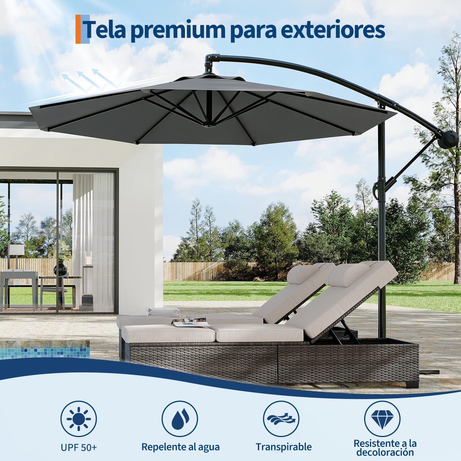Garvee Sombrilla Excéntrica de 300 cm con Manivela e Inclinación Ajustable, Parasol de Aluminio Giratorio 360° para Exterior UV50+ Gris